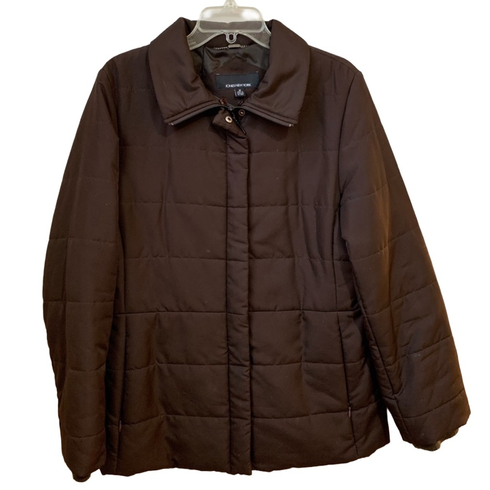 JONES NEW YORK Dark Brown Full Zipper Snap Front Puffer Jacket Coat